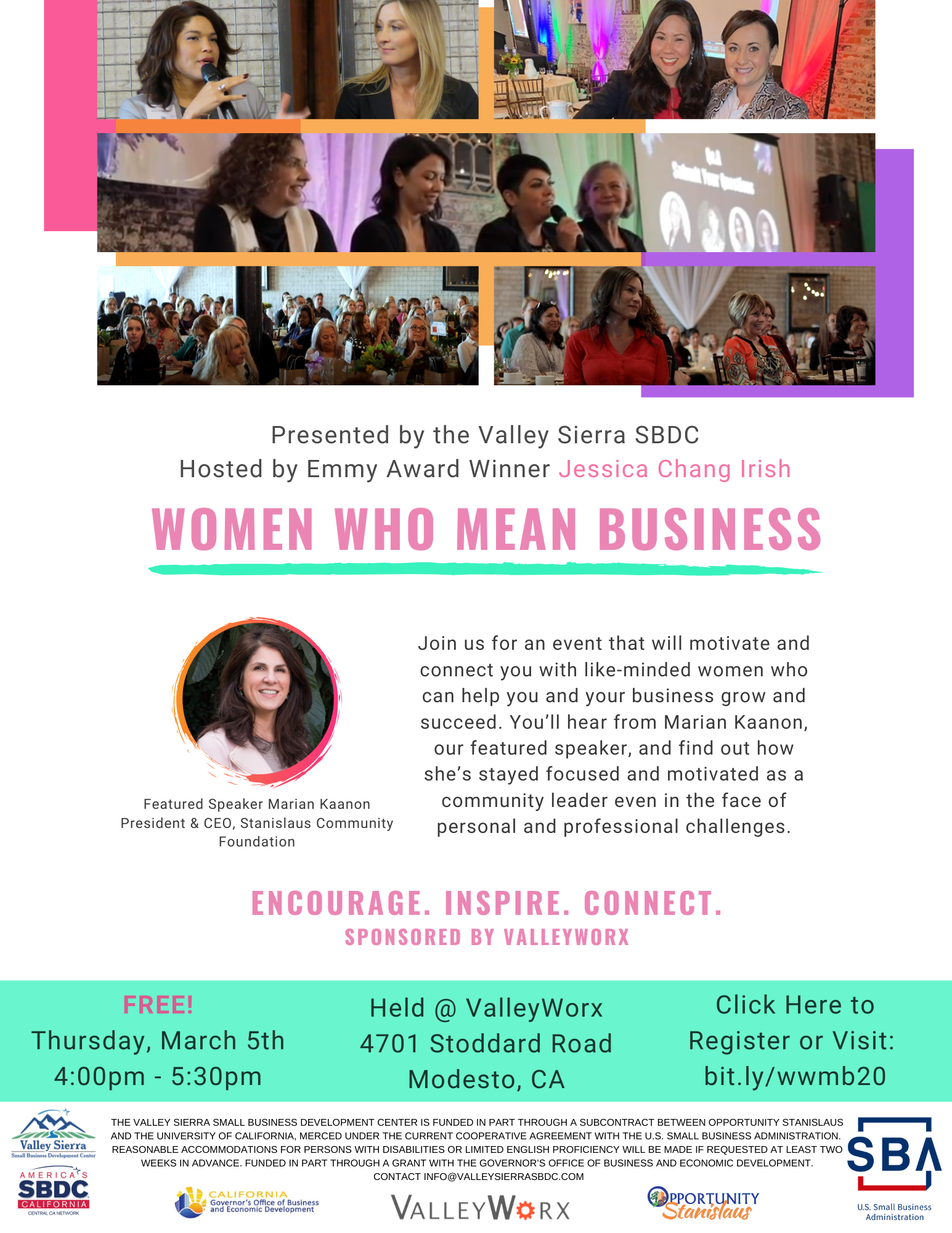 Event Flyer, Women Who Mean Business. 3/5/2020, 4:00pm-5:30pm. FREE. At ValleyWorx 4701 Stoddard Road, 2nd floor lobby, Modesto, Ca.