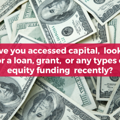 A large pile of $100 bills are spread out to show a lot of money. The red box in the middle has the text. It reads: Have you accessed capital, looked for a loan, grant, or any types of equity funding recently?