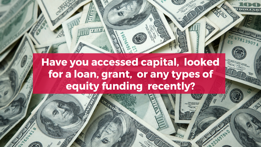 A large pile of $100 bills are spread out to show a lot of money. The red box in the middle has the text. It reads: Have you accessed capital, looked for a loan, grant, or any types of equity funding recently?